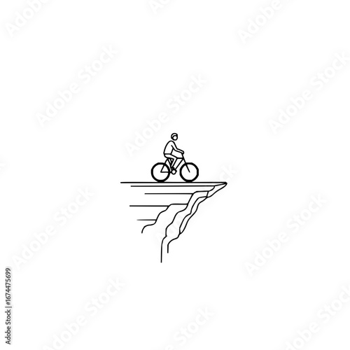 Minimalist mountain biking adventure on cliff edge extreme sports cycling challenge black and white line art