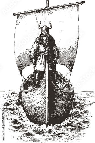 One brave viking stands on a longship stern, sailing on rough seas. Vintage black engraving isolated on white background.