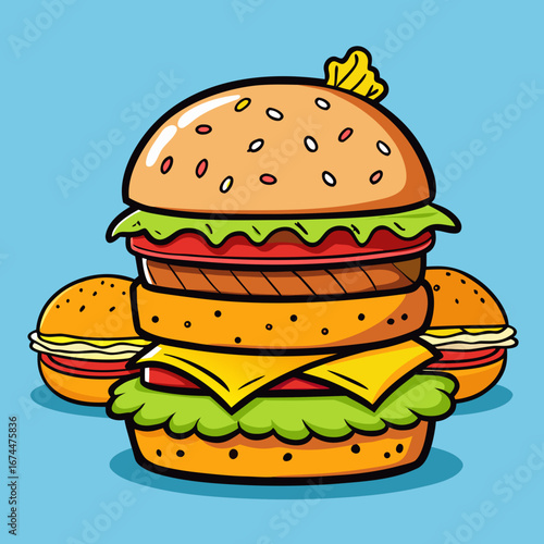 A grilled beef hamburger with cheese, lettuce, and tomato on a sesame bun, isolated on a white background