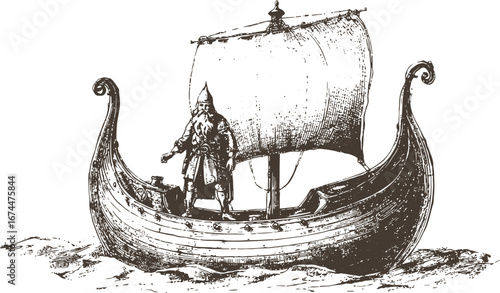 One brave viking stands on a longship stern, sailing on rough seas. Vintage black engraving isolated on white background.