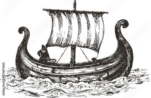 One brave viking stands on a longship stern, sailing on rough seas. Vintage black engraving isolated on white background.