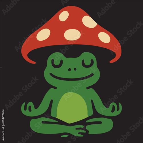 Zen Meditation Frog Sitting Calmly Under Mushroom Shade