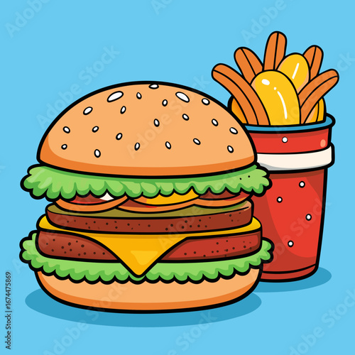 Vector cheeseburger and french fries with lettuce, tomato, and sesame seeds on a white background