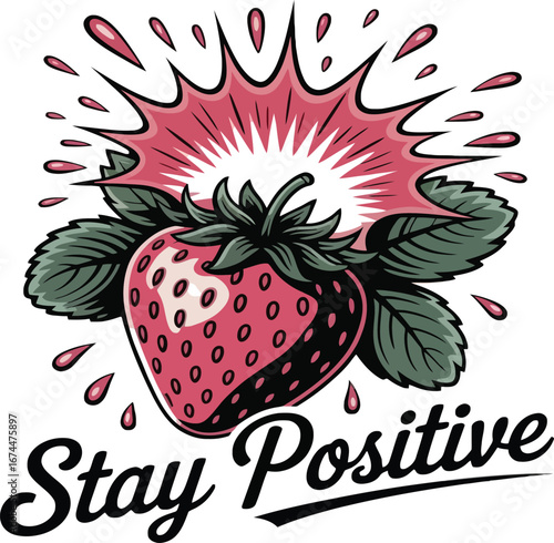 Pink strawberry with green leaves and splashing liquid with text Stay Positive fruit food