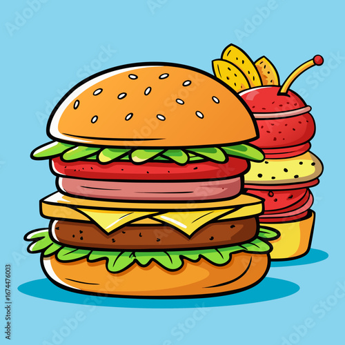 A tasty grilled beef cheeseburger with fresh lettuce, tomato, and onion on a sesame seed bun