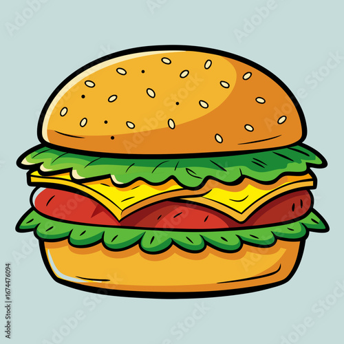 Classic beef cheeseburger with lettuce, tomato, and onion on a sesame bun against a white background