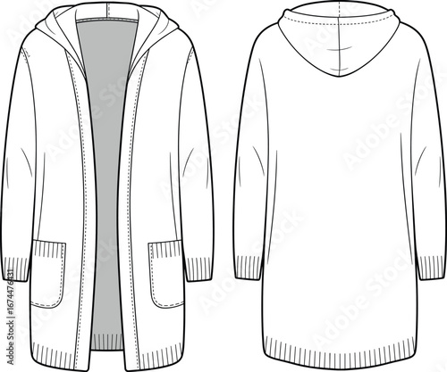 Hooded long cardigan with pockets, open front knitwear flat sketch, fashion garment illustration, back and front view, CAD drawing flat vector illustration