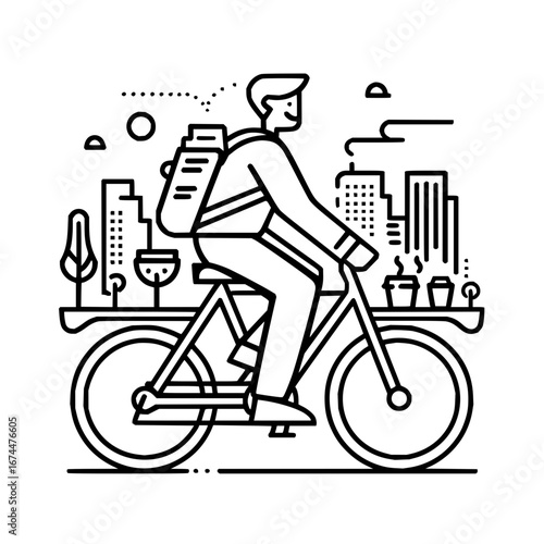 Delivery bicycle courier service in city skyline vector illustration line art for food and package transport