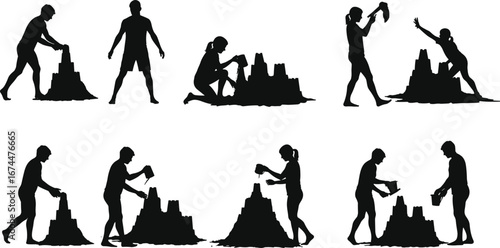 Silhouette people building sandcastle, beach summer fun, kids playing sand, holiday activity, family leisure, bucket shovel game, seaside vacation entertainment