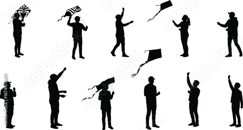 Silhouette people flying kites, outdoor leisure activity, festival celebration, children and adults, summer fun, freedom, recreation, playful lifestyle, windy sky games
