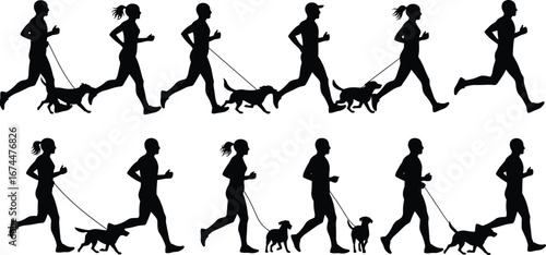 Silhouette people jogging with dogs, outdoor running activity, pet exercise lifestyle, fitness training routine, active health, canine walking companion, sport illustration design