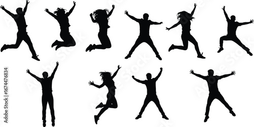 Silhouette people jumping with joy, happy group celebration, freedom movement, energetic dance pose, excitement lifestyle, success concept, active fun expression, vitality