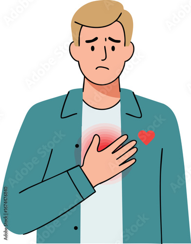 Man with heart pain holding chest in discomfort vector illustration for health awareness and heart disease symptoms 