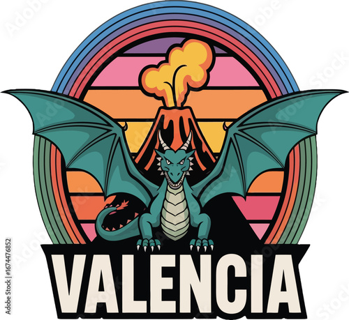 Teal dragon with wings spread in front of a retro sunset volcano eruption and the word Valencia mythical creature