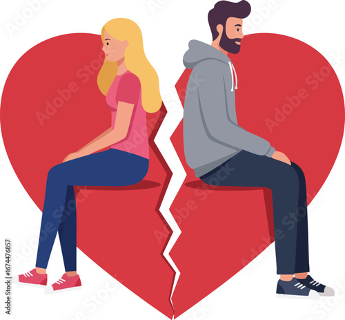 Broken heart with man and woman sitting back to back illustrating relationship breakup and emotional separation VECTOR illustration 