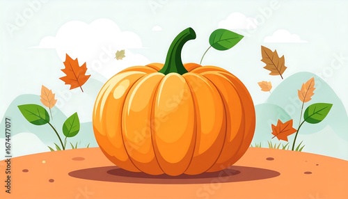 Cartoon-style illustration featuring a large orange pumpkin with green stem and leaves, autumn background