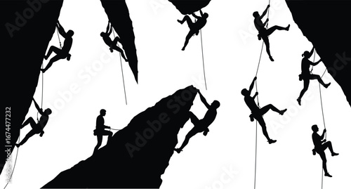 Silhouette rock climbers on cliff, adventure mountain climbing, extreme sport outdoors, teamwork challenge, fitness strength, rope climbing training, success determination
