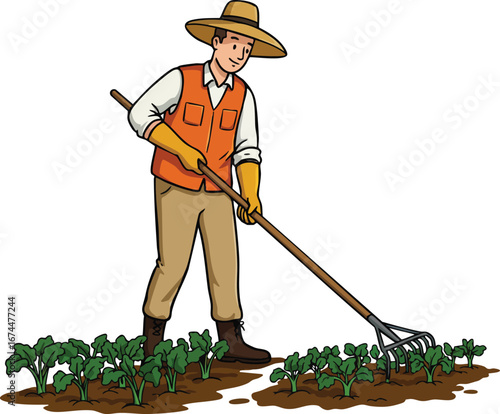Farmer working in field with rake cultivating green plants in rural agriculture scene vector illustration 