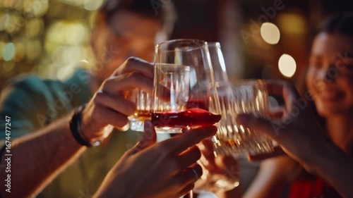 Relaxed people clinking glasses at evening bar gathering closeup. Happy friends
