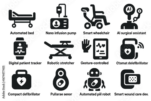 Digital vector icon pill health wound sensor defibrillator hospital bed robot infusion