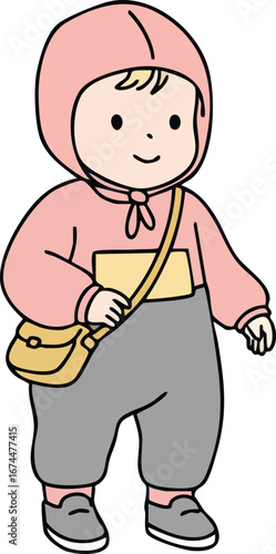 Cute toddler wearing pink hoodie and gray pants holding a book with yellow bag vector illustration 