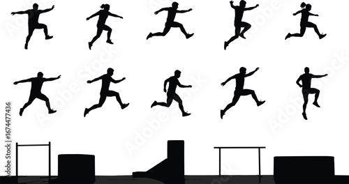 Silhouette sequence of athlete running and jumping over obstacles, track and field sport, long jump, high jump, training, fitness, competition illustration