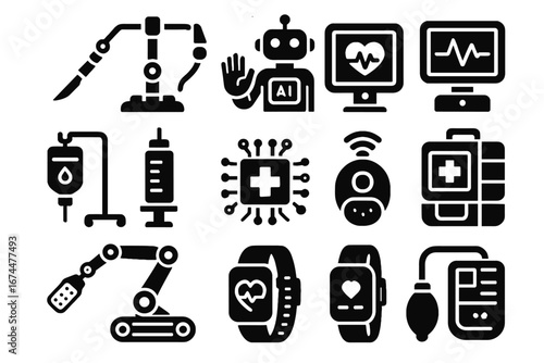 Tool surgery wound icon aid patient defibrillator health tracker monitor vector ai
