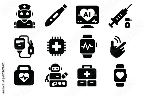 Icons healthcare smart vector icon nano defibrillator first health medication kit robotic