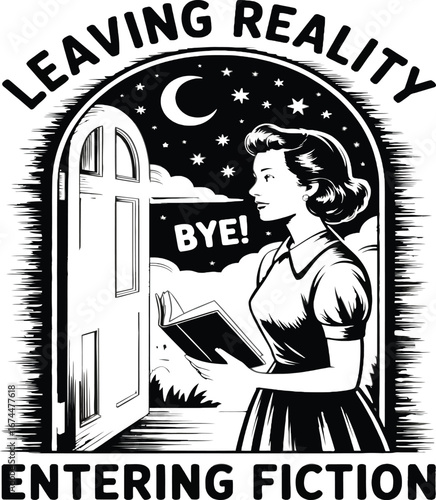 Woman with book leaving open door to starry night sky saying bye reading girl