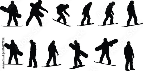 Silhouette snowboarder winter sports action, riding snowboard on snow, outdoor extreme activity, cold weather fun, adventure lifestyle, snowboarding recreation game