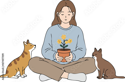 Woman holding potted flower with two cats sitting nearby in calm indoor scene vector illustration 