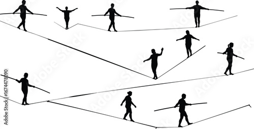 Silhouette tightrope walkers balancing on rope, circus performance acrobat stunt, dangerous extreme act, artistic balance concept, risk challenge illustration design