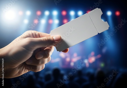 A Hand Holds A Blank Admission Ticket Against A Blurred Background Of A Live Music Concert With Stage Lights And A Cheering Audience.
