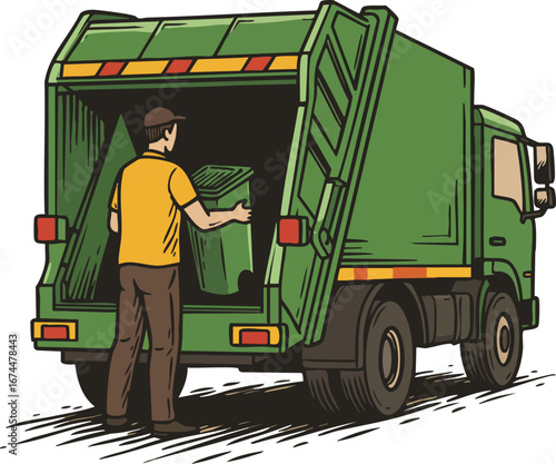 Garbage collector emptying green trash bin into rear of green waste collection truck in city environment 