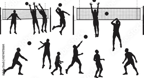 Silhouette volleyball players jumping, blocking ball over net, competitive team sport, outdoor game activity, male athlete action, fitness training, dynamic motion illustration