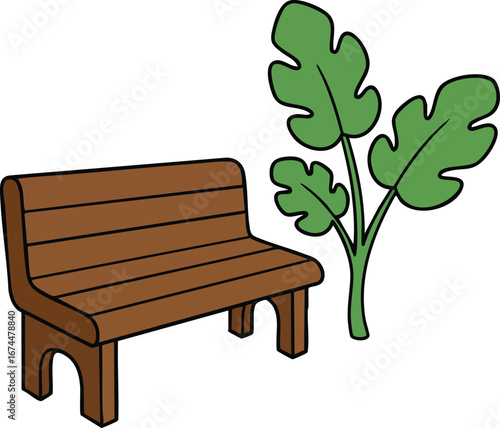 Wooden bench with green leafy plant simple vector illustration for outdoor garden or park design 