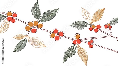 Delicate illustration features coffee plant branches with colorful berries and detailed leaf sketches