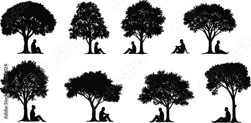 Silhouettes of people sitting under trees, relaxing, meditation, reading, nature illustration, peaceful outdoor scene, vector design, black isolated artwork