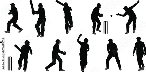 Silhouettes of cricket players in various action poses, batting, bowling, fielding, wicket keeping, sports illustration, isolated vector design