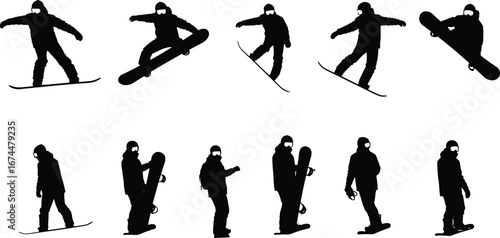 Snowboarder silhouette jumping, winter sports action, extreme snowboarding tricks, outdoor cold weather adventure, lifestyle recreation, mountain fun, snowboarding athlete performing moves