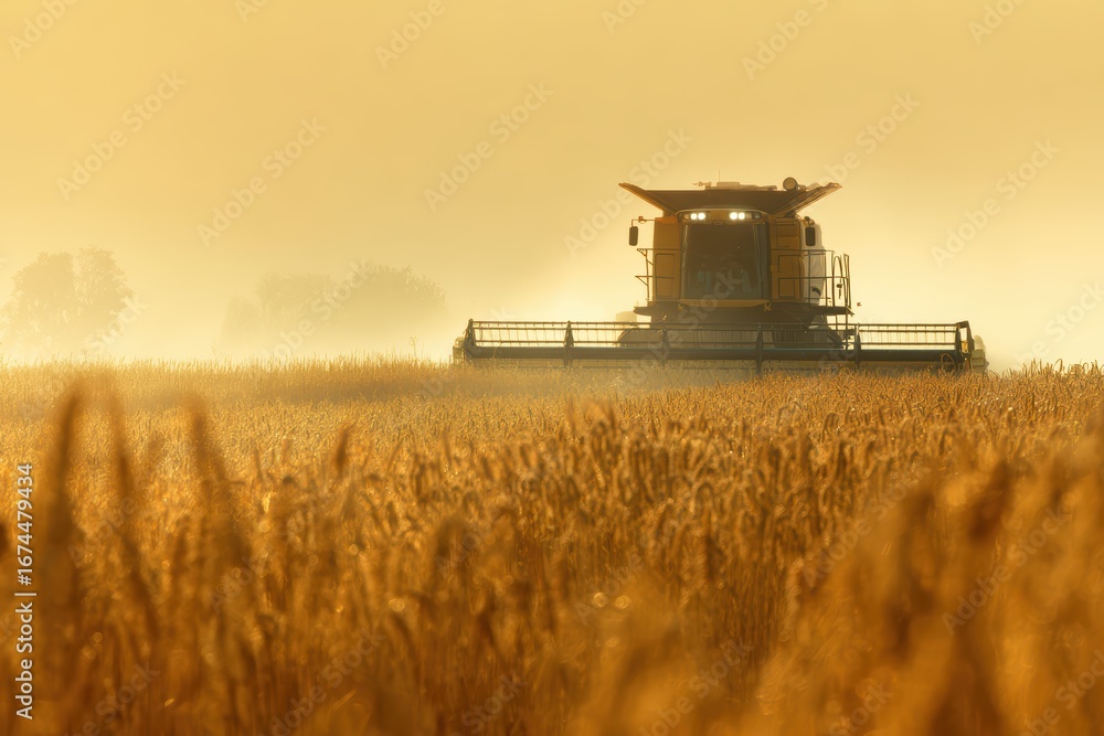 Fototapeta premium Modern Combine Harvester in Wheat Field
