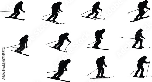 Skiing silhouette athlete on snow, downhill skier action, winter sport training, mountain slope motion, outdoor adventure, fitness exercise, shadow artwork illustration