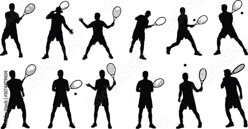 Tennis player silhouette with racket, hitting ball, sports action illustration, athletic man training, competition match, fitness exercise, shadow artwork, game motion