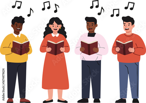 Diverse group of people singing together with musical notes and songbooks vector illustration 