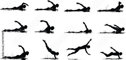Swimmer silhouette in water, swimming stroke action, freestyle technique, sports training illustration, athlete motion, aquatic competition, fitness exercise, black shadow artwork