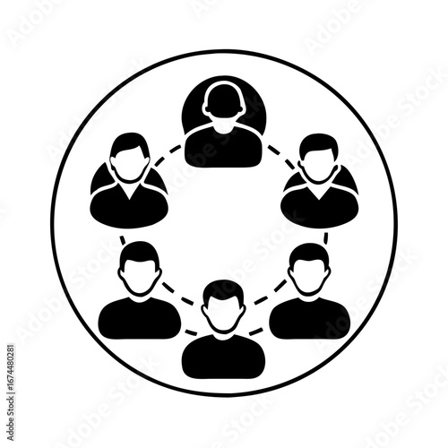 Vector art of network of people connected in a circle, representing global communication and social interaction