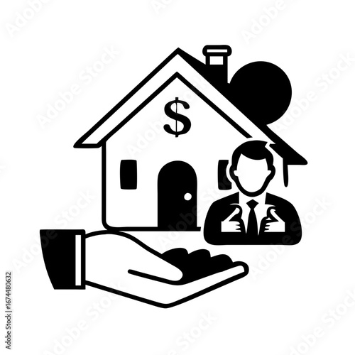 Vector art of real estate agent offering a house with dollar sign