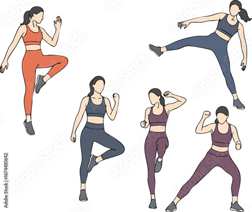Women performing aerobic fitness exercises in colorful activewear for healthy lifestyle and workout routines 