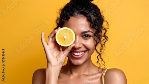 Woman holding lemon slice portrait