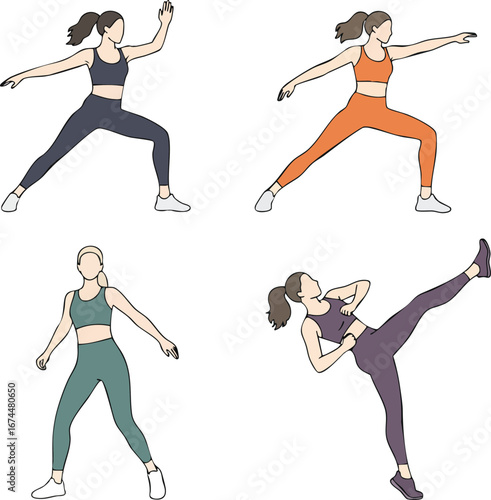 Women practicing martial arts and fitness exercises in colorful activewear for health and strength training vector set 